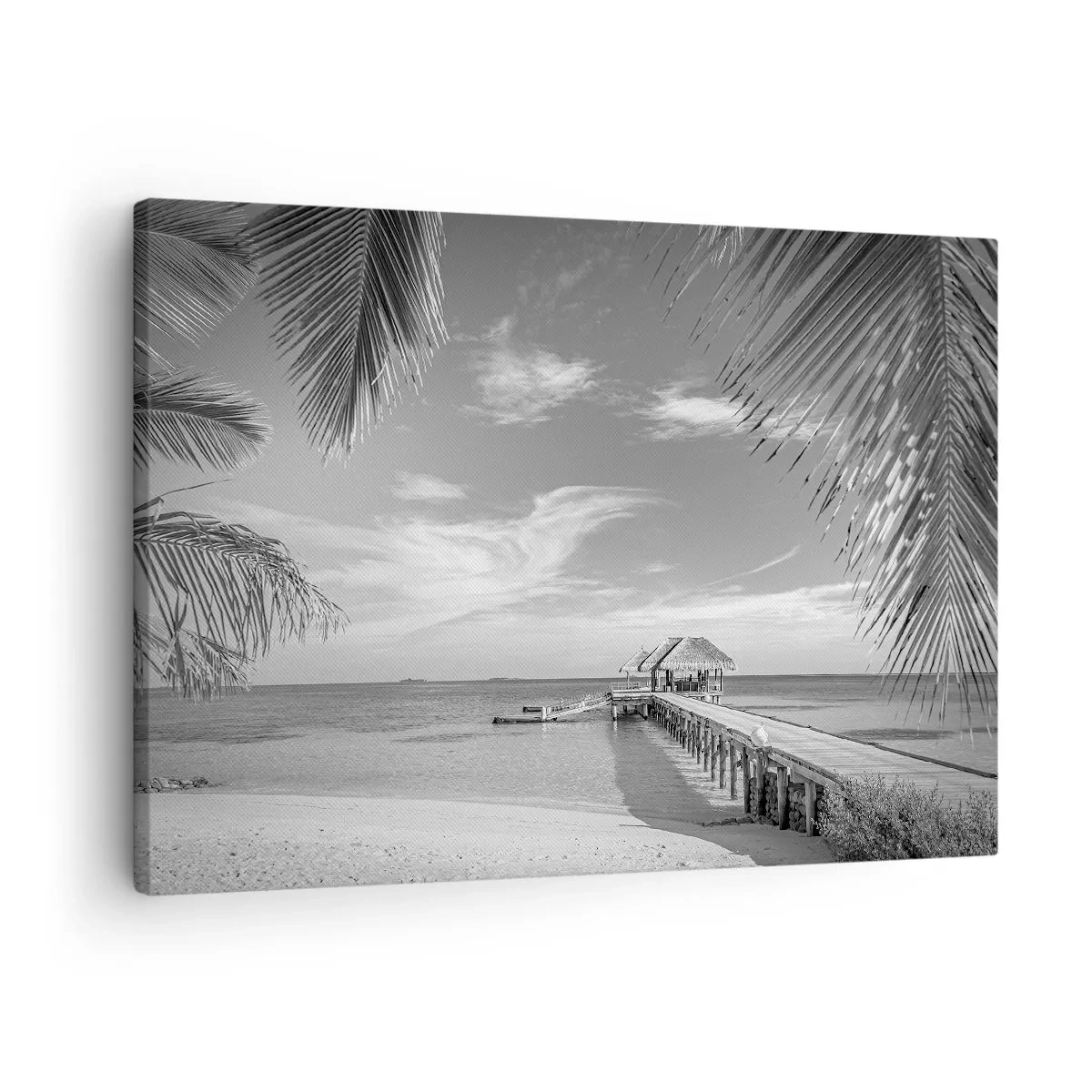 Lærredstryk - Billede på lærred - Sort og hvid strand med mole og palmer på en tropisk kyst - 70x50cm - Et minde eller en drøm? - Moderne vægdekoration til stue og soveværelse ARTTOR