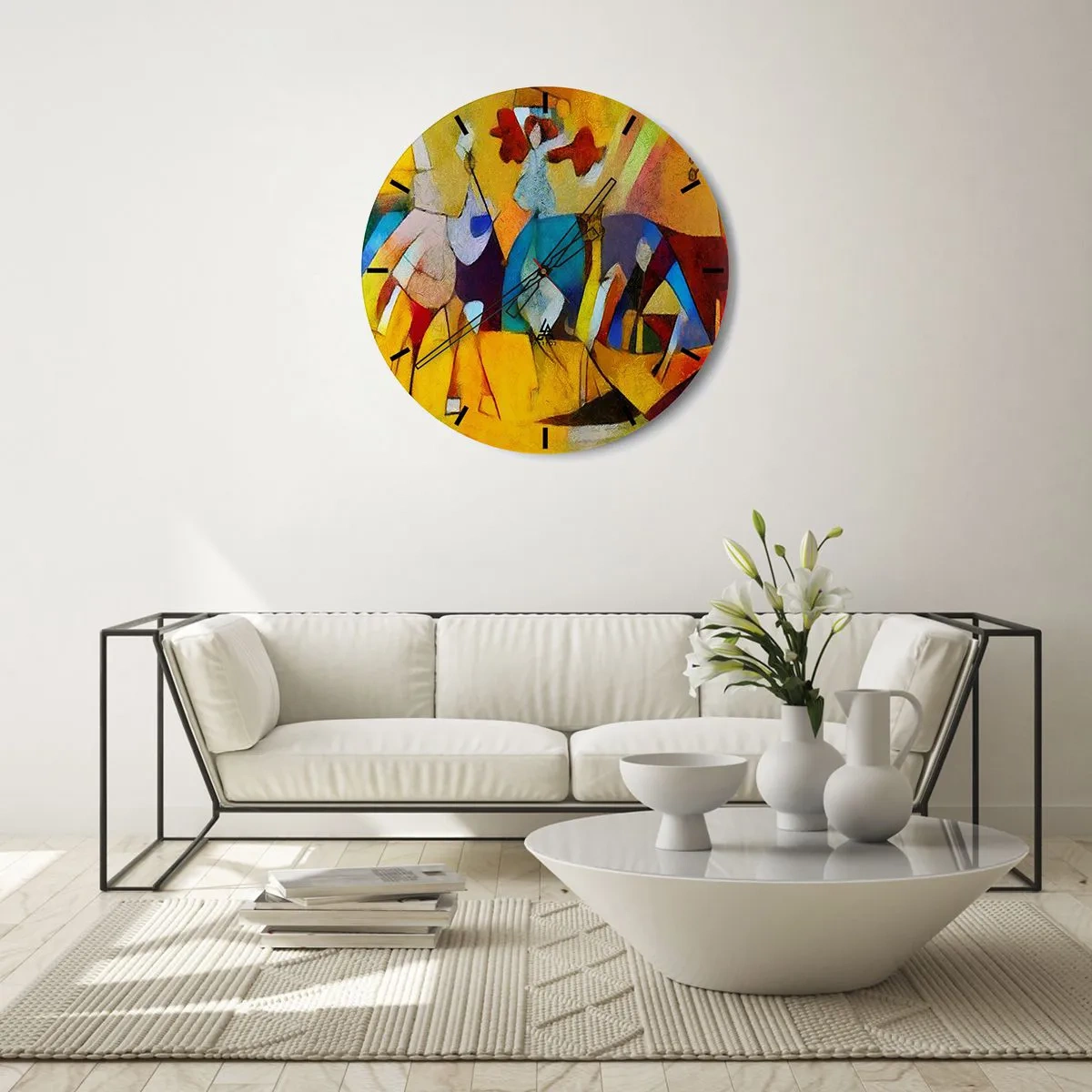 Vægur, Uret - Farverig abstraktion med menneskelige silhuetter og dynamiske farver - 30x30cm - Sol - liv - glæde - Moderne vægdekoration til stue, køkken og soveværelse ARTTOR