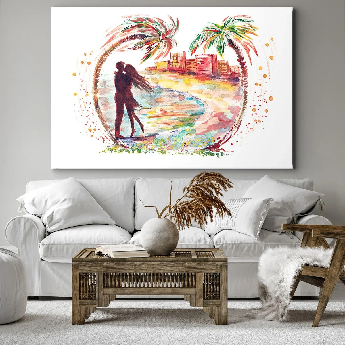 Lærredstryk - Billede på lærred - Romantisk parscene på en strand med palmer i akvarel - 70x50cm - Romantisk ferie - Moderne vægdekoration til stue og soveværelse ARTTOR