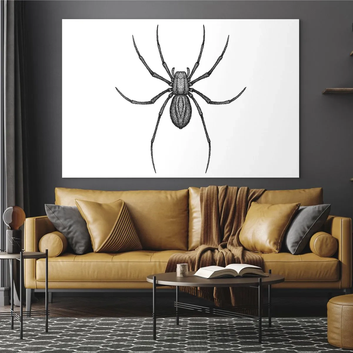 Billede på glas - Retro-stil illustration af en sort edderkop på en hvid baggrund - 70x50cm - Foruroligende præcision - Moderne vægdekoration til stue og soveværelse ARTTOR