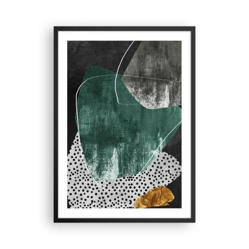Plakat i sort ramme - Abstrakt komposition i grønt og guld - 50x70cm - Farverig abstraktion med en guldflager - Moderne vægdekoration til stue og soveværelse ARTTOR