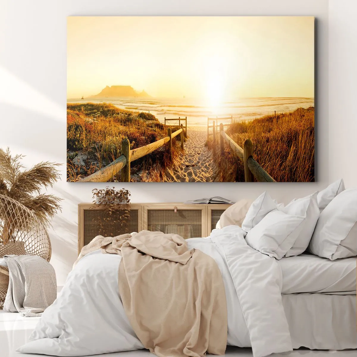 Lærredstryk - Billede på lærred - Sti til stranden under en gylden solnedgang - 70x50cm - Over klitten, mod solen - Moderne vægdekoration til stue og soveværelse ARTTOR