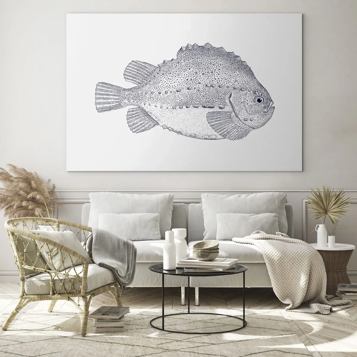 Billede på glas - Detaljeret gravering af en fisk på en hvid baggrund i naturstil - 70x50cm - Til naturforskerens album - Moderne vægdekoration til stue og soveværelse ARTTOR