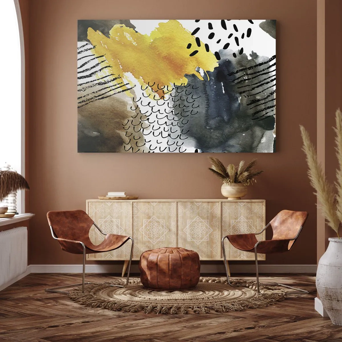 Lærredstryk - Billede på lærred - En abstrakt komposition med gule accenter og grafiske mønstre. - 70x50cm - Et møde mellem elementerne - Moderne vægdekoration til stue og soveværelse ARTTOR