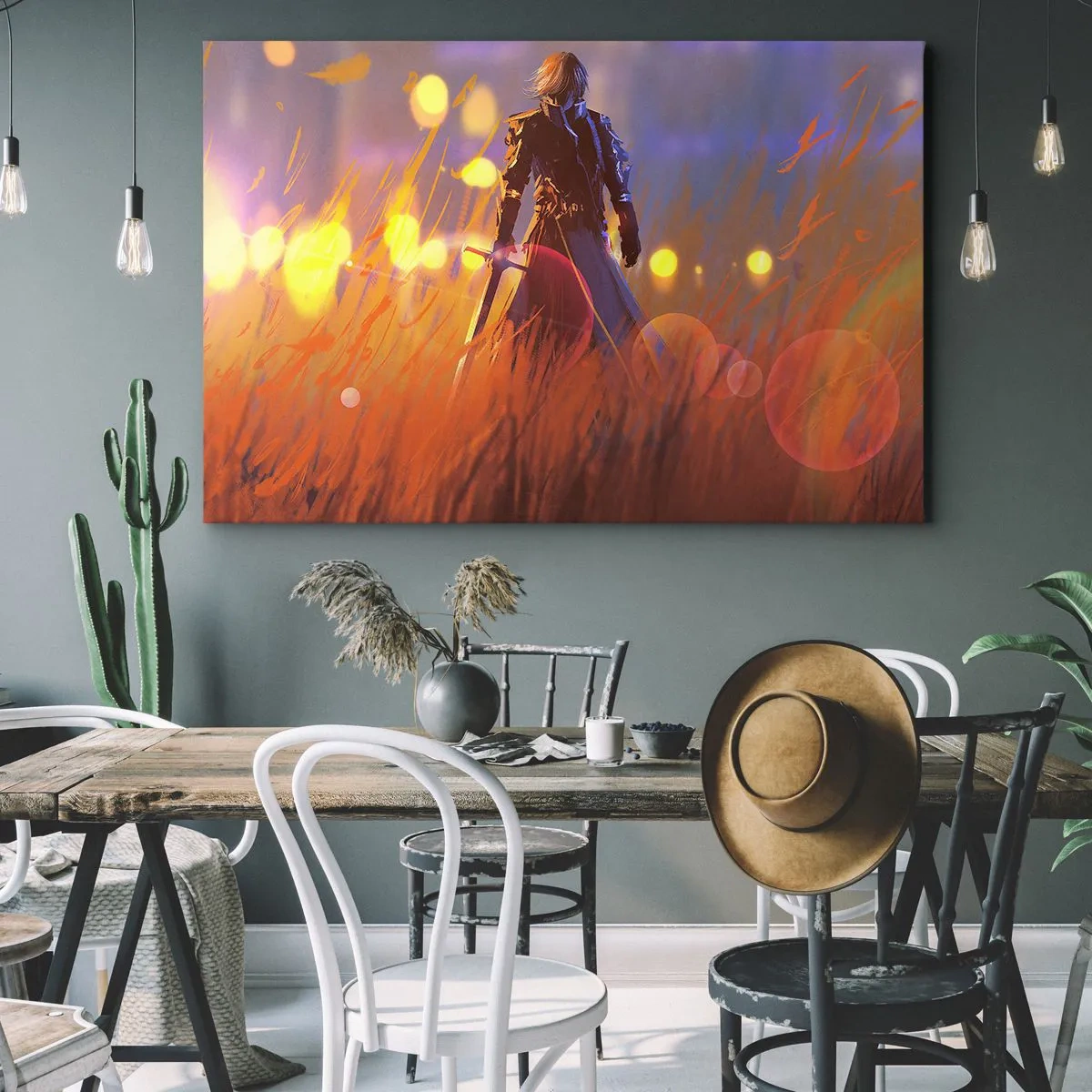 Lærredstryk - Billede på lærred - En ridderfigur i lyset af den nedgående sol på en mark - 70x50cm - Herreløs ridder - Moderne vægdekoration til stue og soveværelse ARTTOR