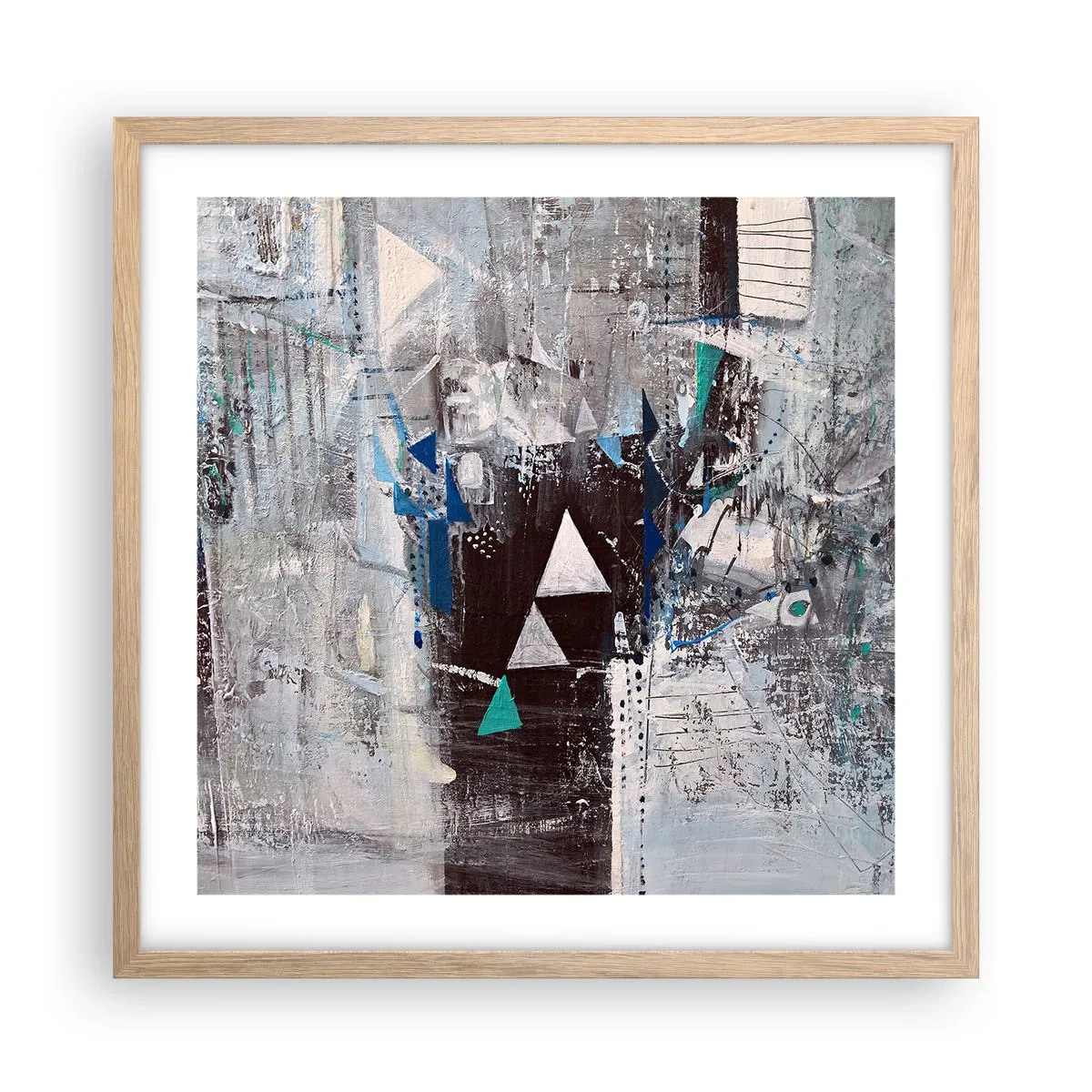 Plakat i ramme af lyst egetræ - Overordnet rækkefølge af trekanter - 50x50 cm