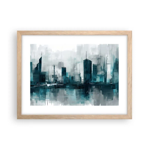 Plakat i ramme af lyst egetræ - Regnfarvet by - 40x30 cm