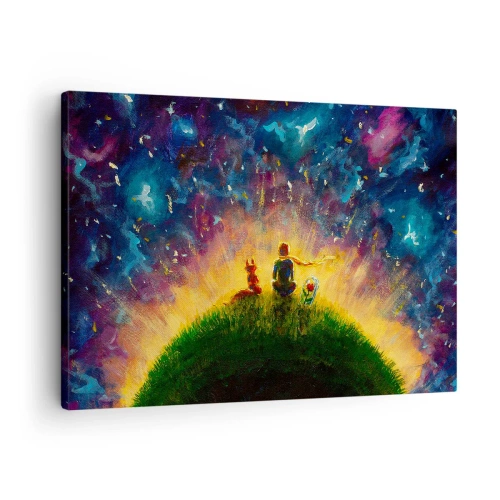 Lærredstryk - Billede på lærred - Figurer på en grøn bakke omgivet af en stjernehimmel - 70x50cm - Kærlighed og venskab - hele verden - Moderne vægdekoration til stue og soveværelse ARTTOR
