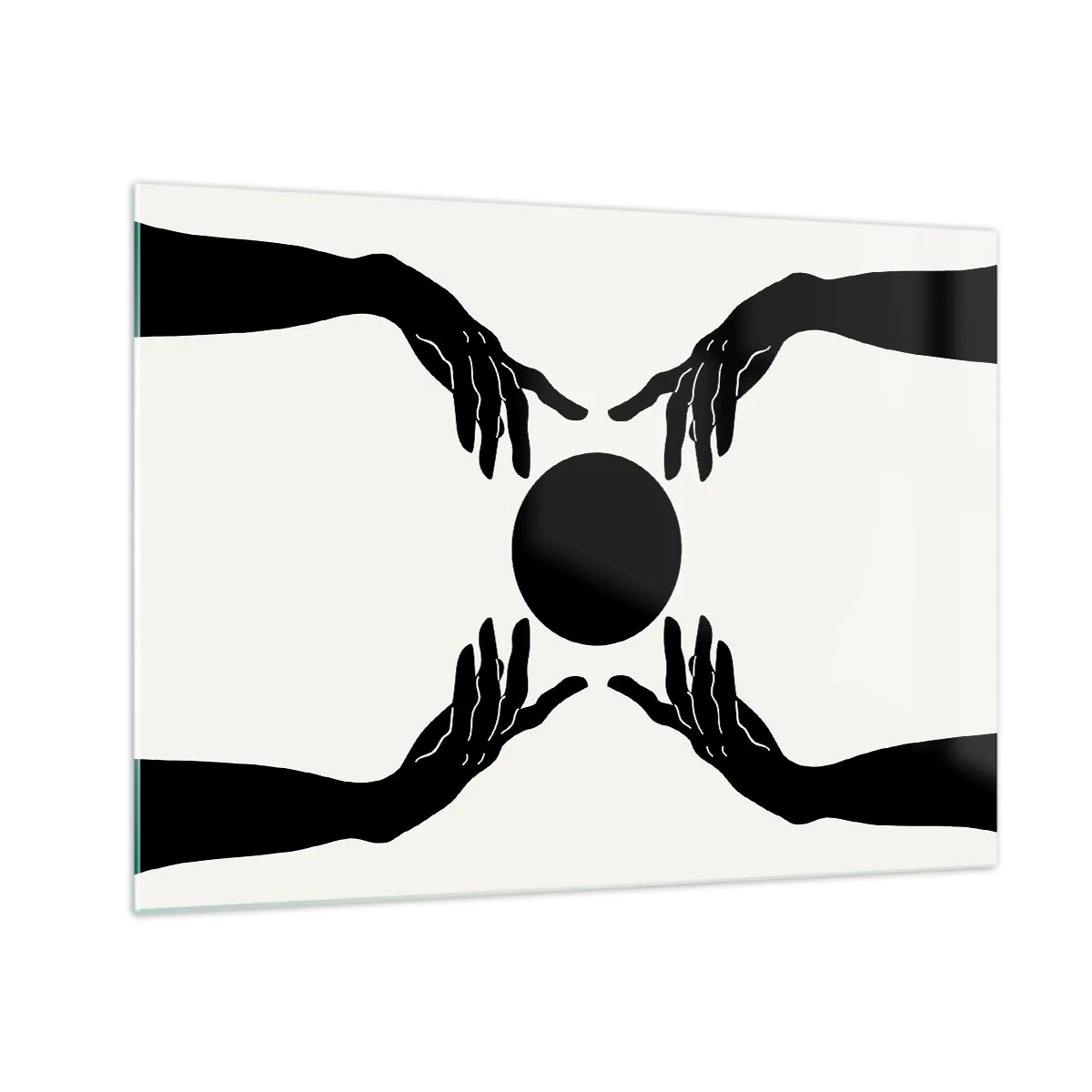 Billede på glas - Sorte hænder omkring en sort cirkel på en lys baggrund - 70x50cm - Et hemmeligt tegn - Moderne vægdekoration til stue og soveværelse ARTTOR