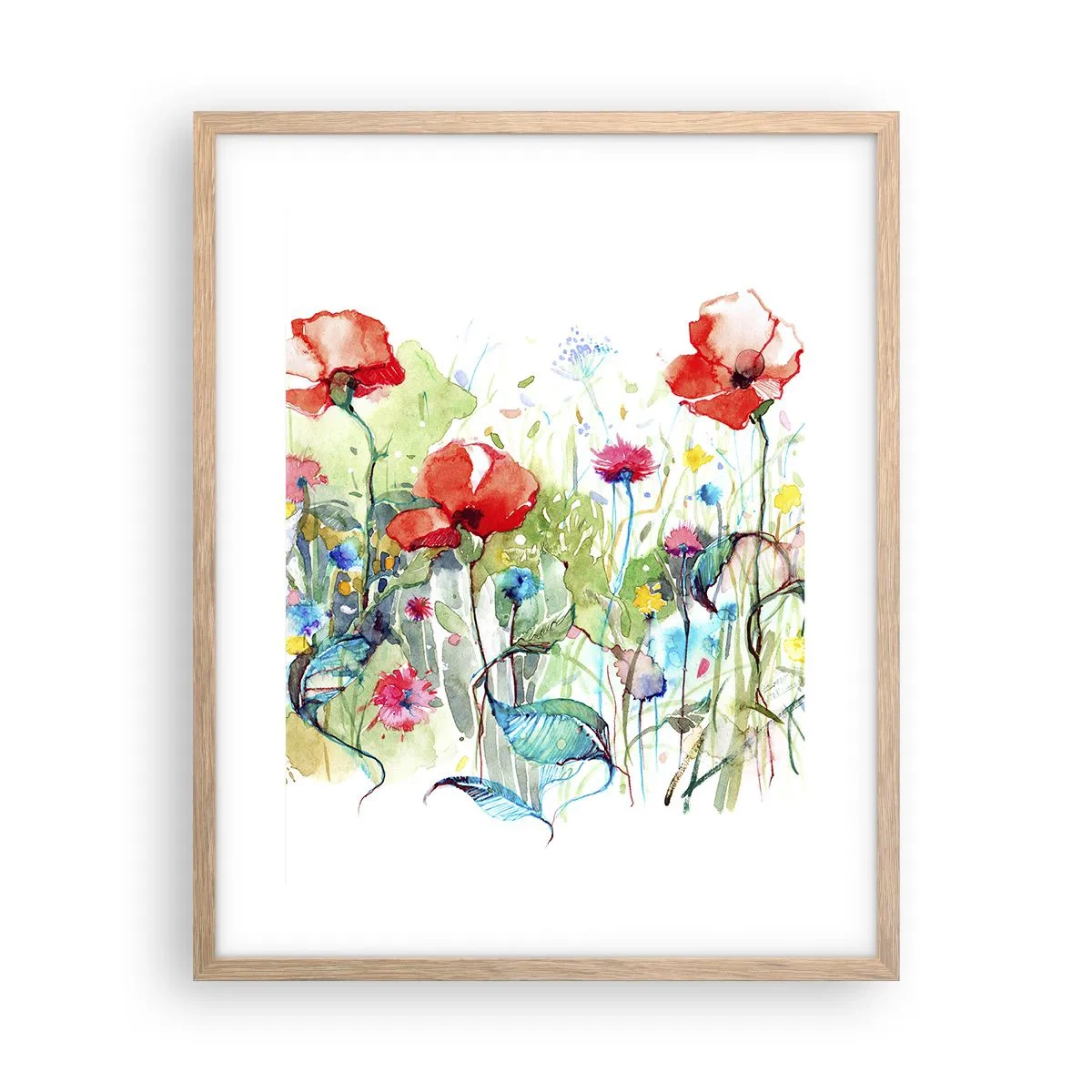 Plakat i ramme af lyst egetræ - En blomstrende eng i maj - 40x50 cm