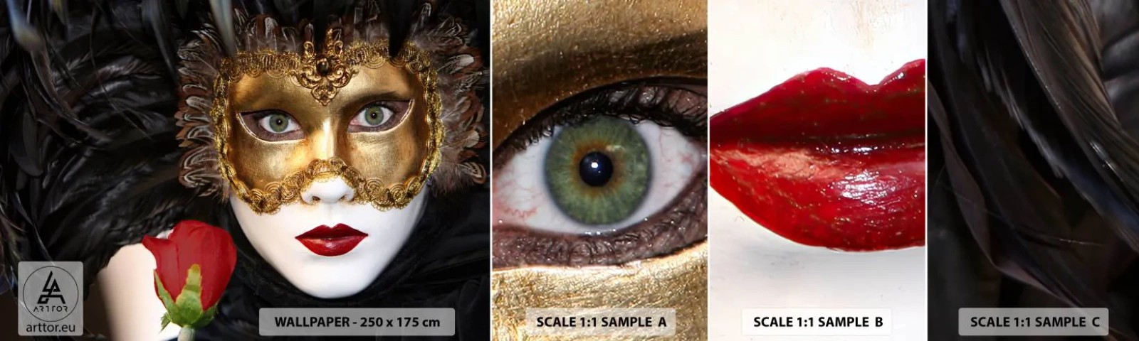 Prøve Fototapet Selvklæbende Deluxe Sticker - Fordi livet er et stort bal - Hætte, Rose, røde læber - 100x30 cm