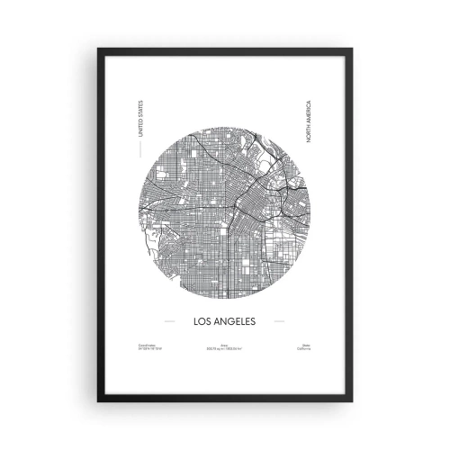 Plakat i sort ramme - Et minimalistisk kort over Los Angeles i sort-hvid. - 50x70cm - Los Angeles' anatomi - Moderne vægdekoration til stue og soveværelse ARTTOR