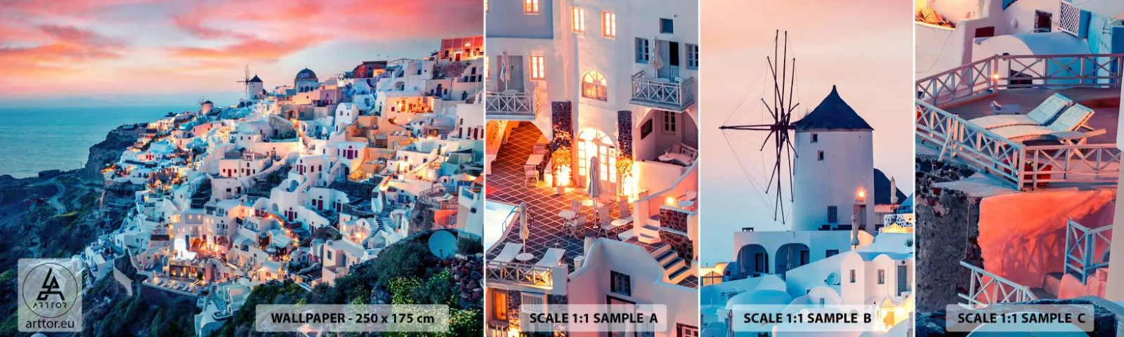 Prøve Fototapet Selvklæbende Deluxe Sticker - Din store græske ferie - Landskab, Grækenland, Santorini - 100x30 cm