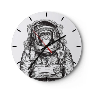 Vægur, Uret - En sort-hvid skitse af en abe-astronaut. - 30x30cm - Alternativ evolution - Moderne vægdekoration til stue, køkken og soveværelse ARTTOR