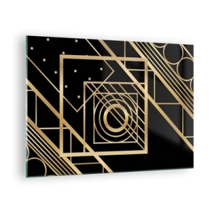 Billede på glas - Gyldne geometriske mønstre på en sort baggrund - 70x50cm - Gylden geometri - Moderne vægdekoration til stue og soveværelse ARTTOR