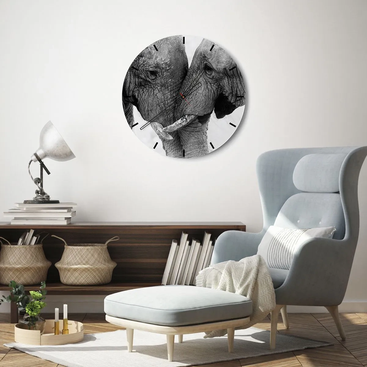 Vægur, Uret - To elefanter med deres snabler flettet sammen i en øm gestus - 30x30cm - Hjertelig tilståelse - Moderne vægdekoration til stue, køkken og soveværelse ARTTOR