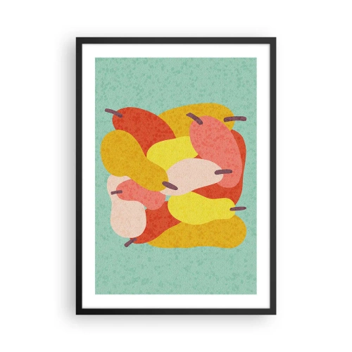 Plakat i sort ramme - Farverig illustration af pærer på en turkis baggrund - 50x70cm - Smag på sommersolen - Moderne vægdekoration til stue og soveværelse ARTTOR