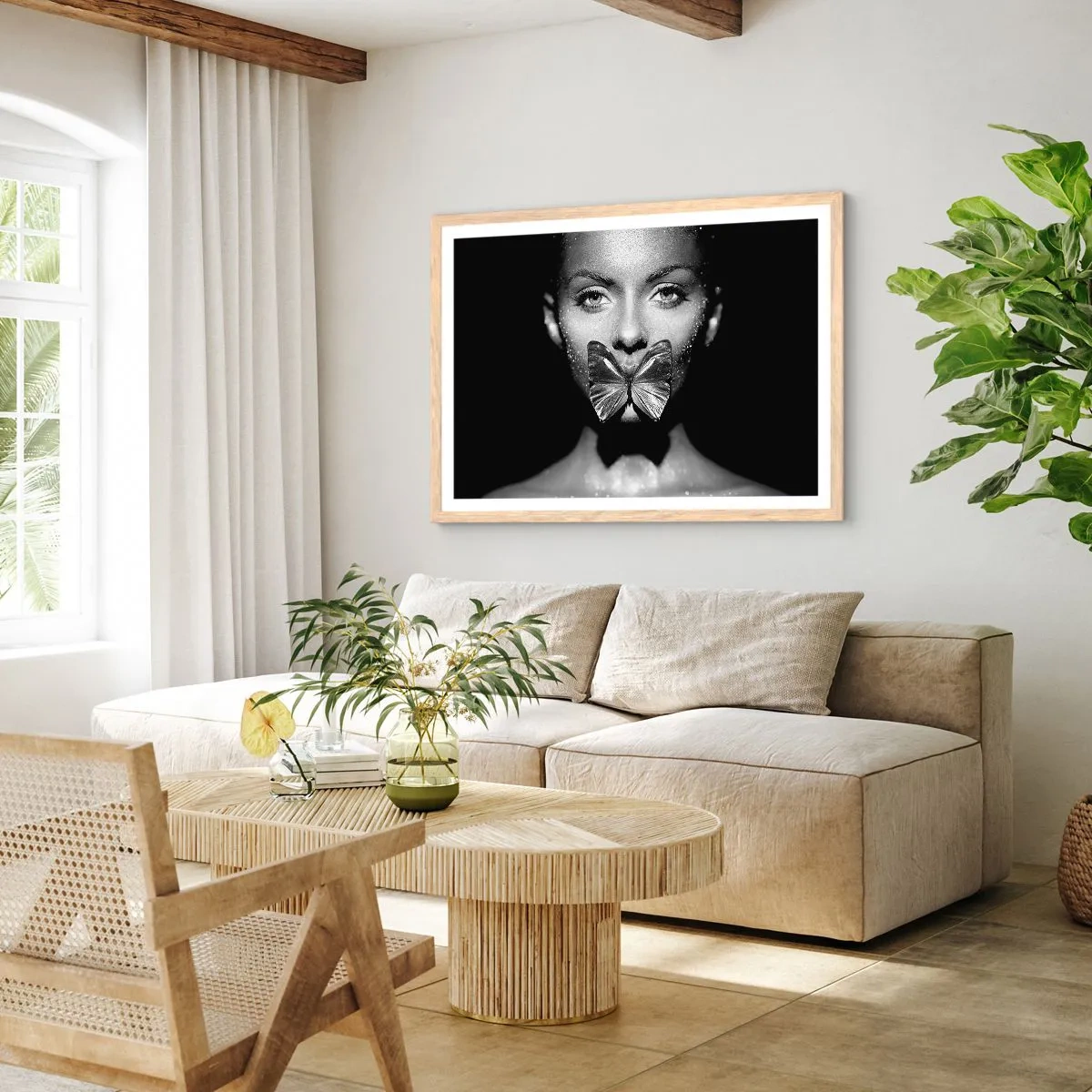 Plakat i ramme af lyst egetræ - Sommerfuglekys - 100x70 cm