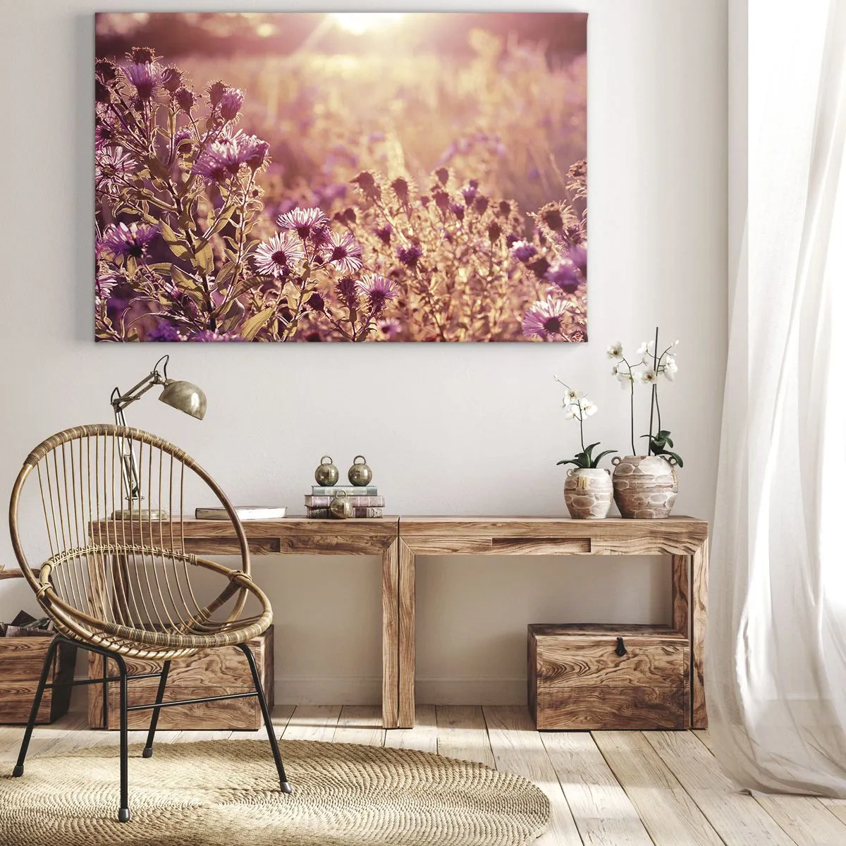 Lærredstryk - Billede på lærred - Eng i lyset af den nedgående sol - 70x50cm - Før sommeren er forbi - Moderne vægdekoration til stue og soveværelse ARTTOR