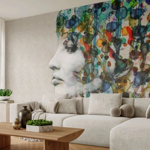 Fototapet Standard Eco - Hun kom ud af den grå - Kvindens ansigt, Abstraktion, Grafik - 350x256 cm