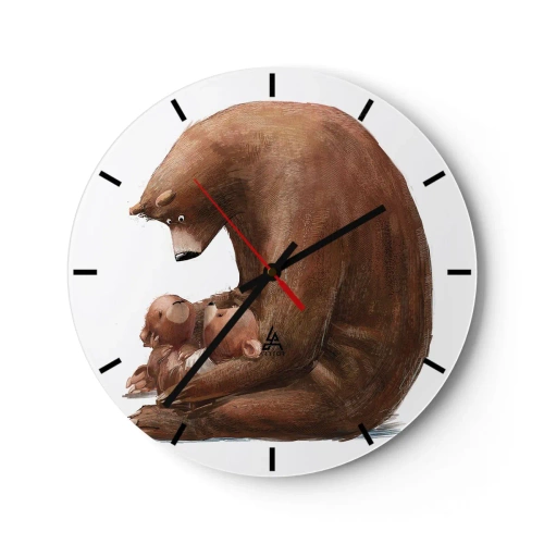 Vægur, Uret - En bamse krammer to små bjørne på en hvid baggrund - 30x30cm - Drøm sødt, børn - Moderne vægdekoration til stue, køkken og soveværelse ARTTOR