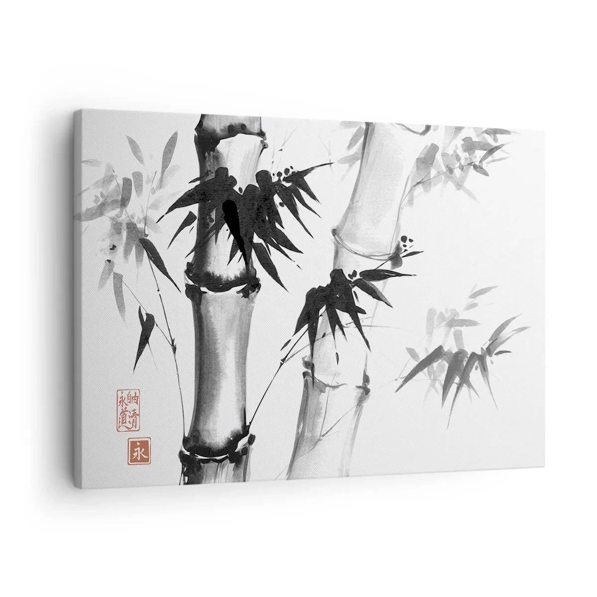 Lærredstryk - Billede på lærred - Japansk akvarel bambus på en hvid baggrund - 70x50cm - Nærbillede af Orienten - Moderne vægdekoration til stue og soveværelse ARTTOR