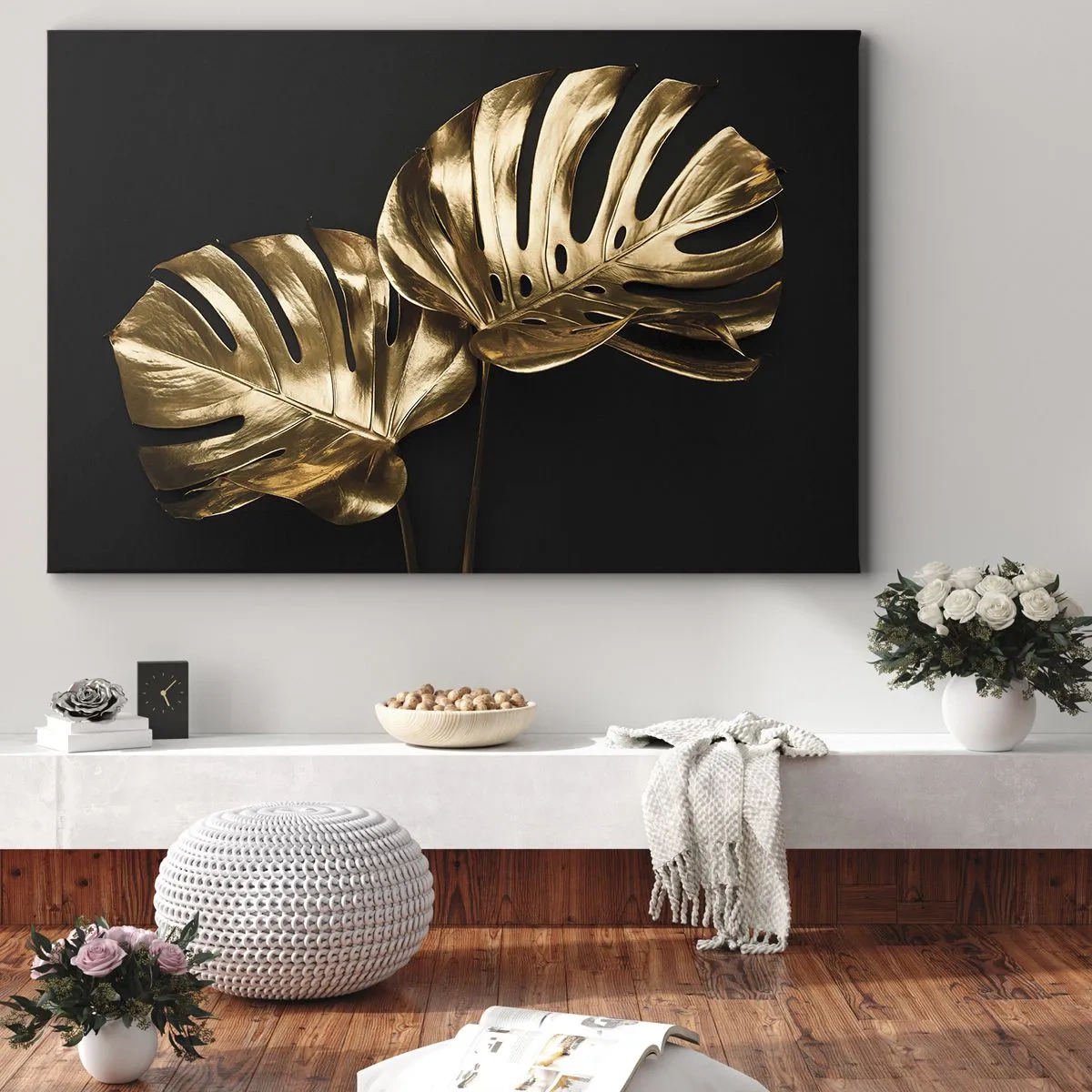 Lærredstryk - Billede på lærred - Gyldne monsterablade på en sort baggrund - 70x50cm - Naturens skatte - Moderne vægdekoration til stue og soveværelse ARTTOR