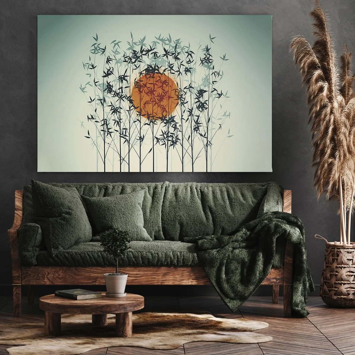 Lærredstryk - Billede på lærred - Orange sol blandt bambusgrene - 70x50cm - Japansk sol - Moderne vægdekoration til stue og soveværelse ARTTOR
