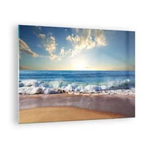 Billede på glas - Havbølger, der slår ned på en gylden strand ved solopgang - 70x50cm - Bevægelse og stilhed på samme tid - Moderne vægdekoration til stue og soveværelse ARTTOR