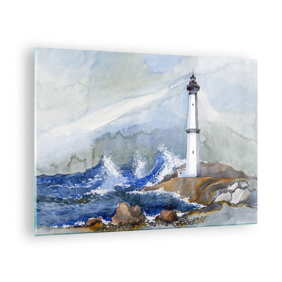 Billede på glas - Et fyrtårn ved et stormfuldt hav i akvarelstil - 70x50cm - Mod mørket og stormen - Moderne vægdekoration til stue og soveværelse ARTTOR