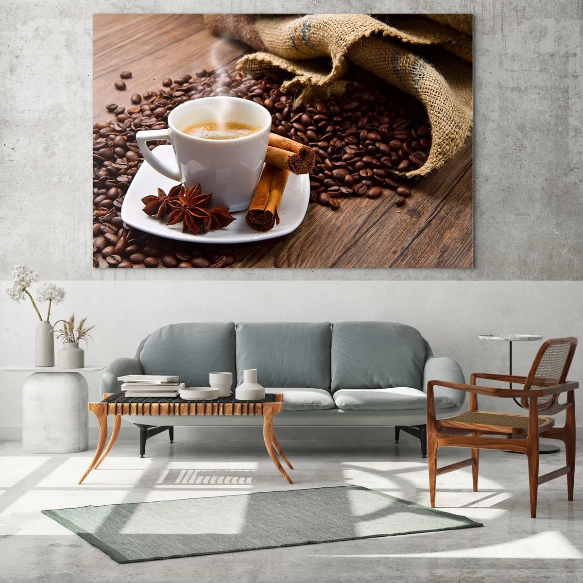 Billede på glas - En kop kaffe med kanel og kaffebønner på et træbord - 70x50cm - Krydret smag og aroma - Moderne vægdekoration til stue og soveværelse ARTTOR