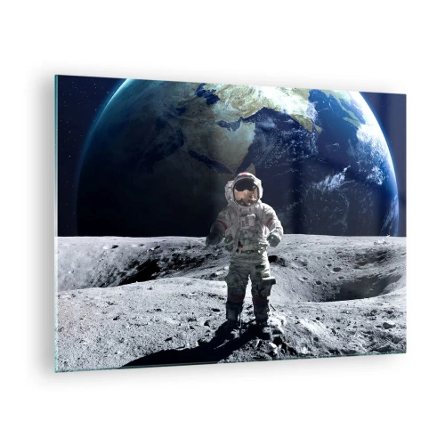 Billede på glas - Astronaut på månens overflade med Jorden i baggrunden - 70x50cm - Hilsner fra månen - Moderne vægdekoration til stue og soveværelse ARTTOR