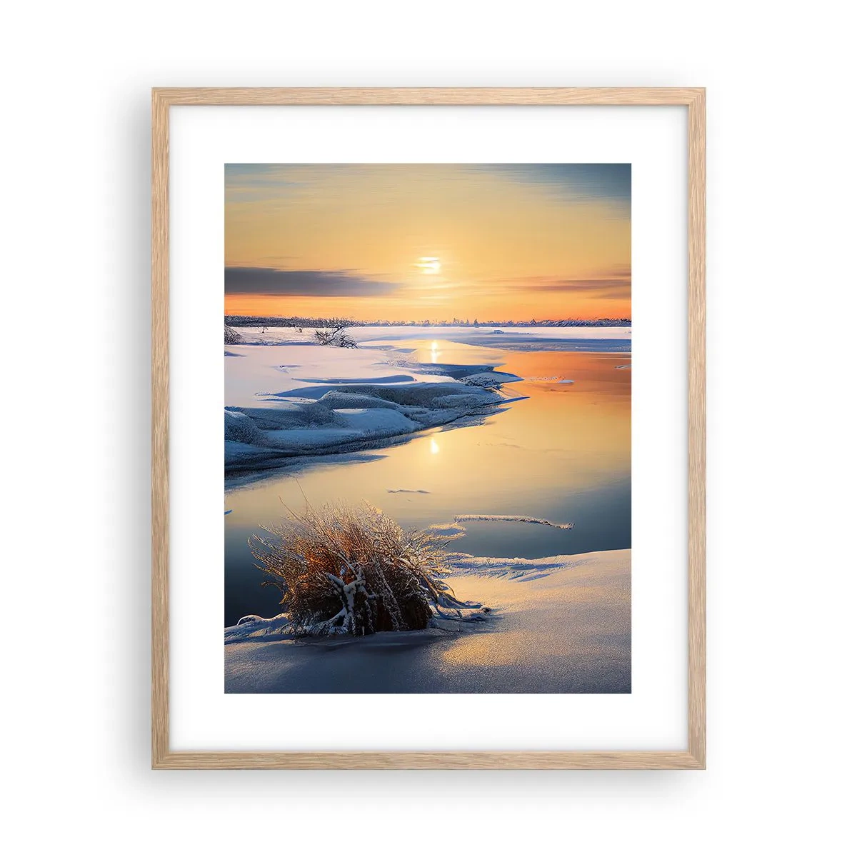 Plakat i ramme af lyst egetræ - Vintersolnedgang - 40x50 cm