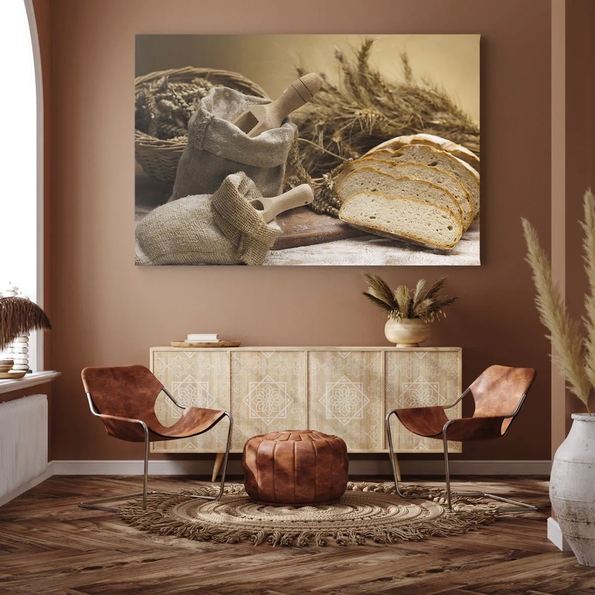 Lærredstryk - Billede på lærred - Et landskab med brød, mel og kornaks i rustik stil. - 70x50cm - Som skåret en kniv - Moderne vægdekoration til stue og soveværelse ARTTOR