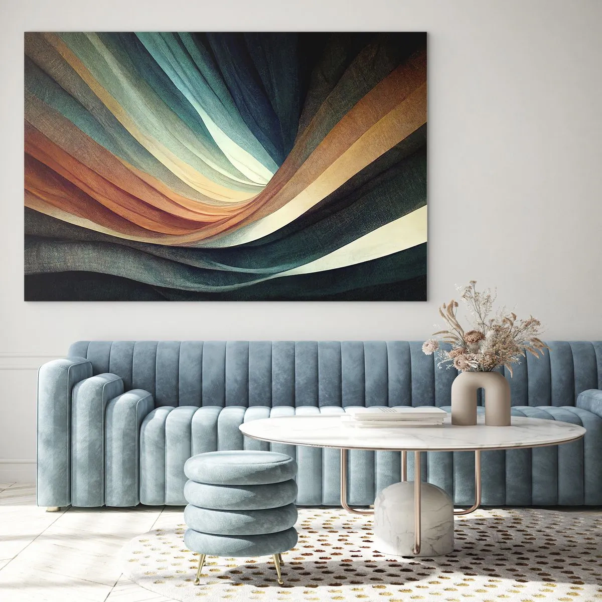 Billede på glas - Farverige bølger i nuancer af turkis, orange og beige - 70x50cm - Vævet af farver - Moderne vægdekoration til stue og soveværelse ARTTOR