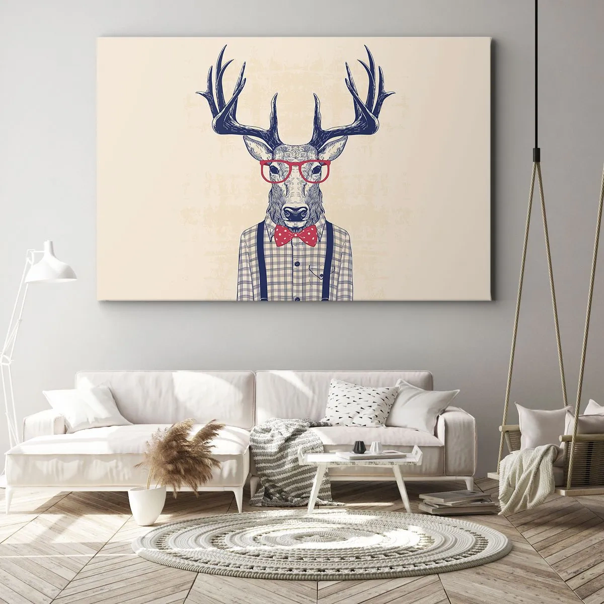 Lærredstryk - Billede på lærred - Stiliseret grafik af en hjort med briller og butterfly - 70x50cm - Et underholdende ekstravaganza - Moderne vægdekoration til stue og soveværelse ARTTOR