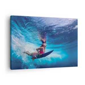 Lærredstryk - Billede på lærred - En surfer under vandet i en dynamisk komposition i blå nuancer. - 70x50cm - Dybden af glæde - Moderne vægdekoration til stue og soveværelse ARTTOR