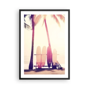 Plakat i sort ramme - Surfbrætter linet op under palmer på stranden - 50x70cm - Det bliver en fantastisk dag - Moderne vægdekoration til stue og soveværelse ARTTOR