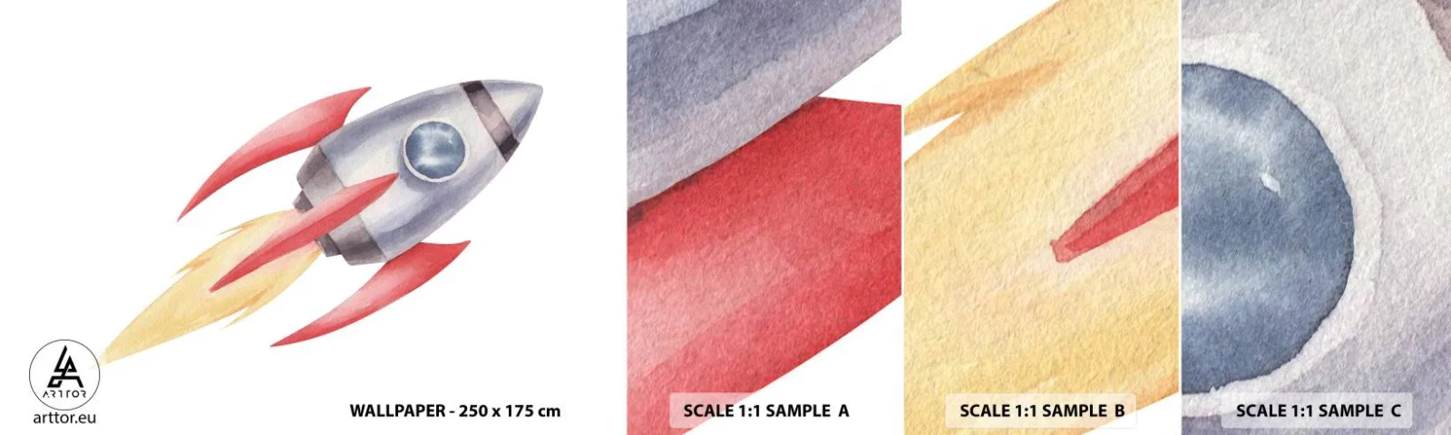 Fototapet Prøve Standard Eco - Højere, hurtigere, længere - En rumraket, Børns, Kosmos - 100x30 cm