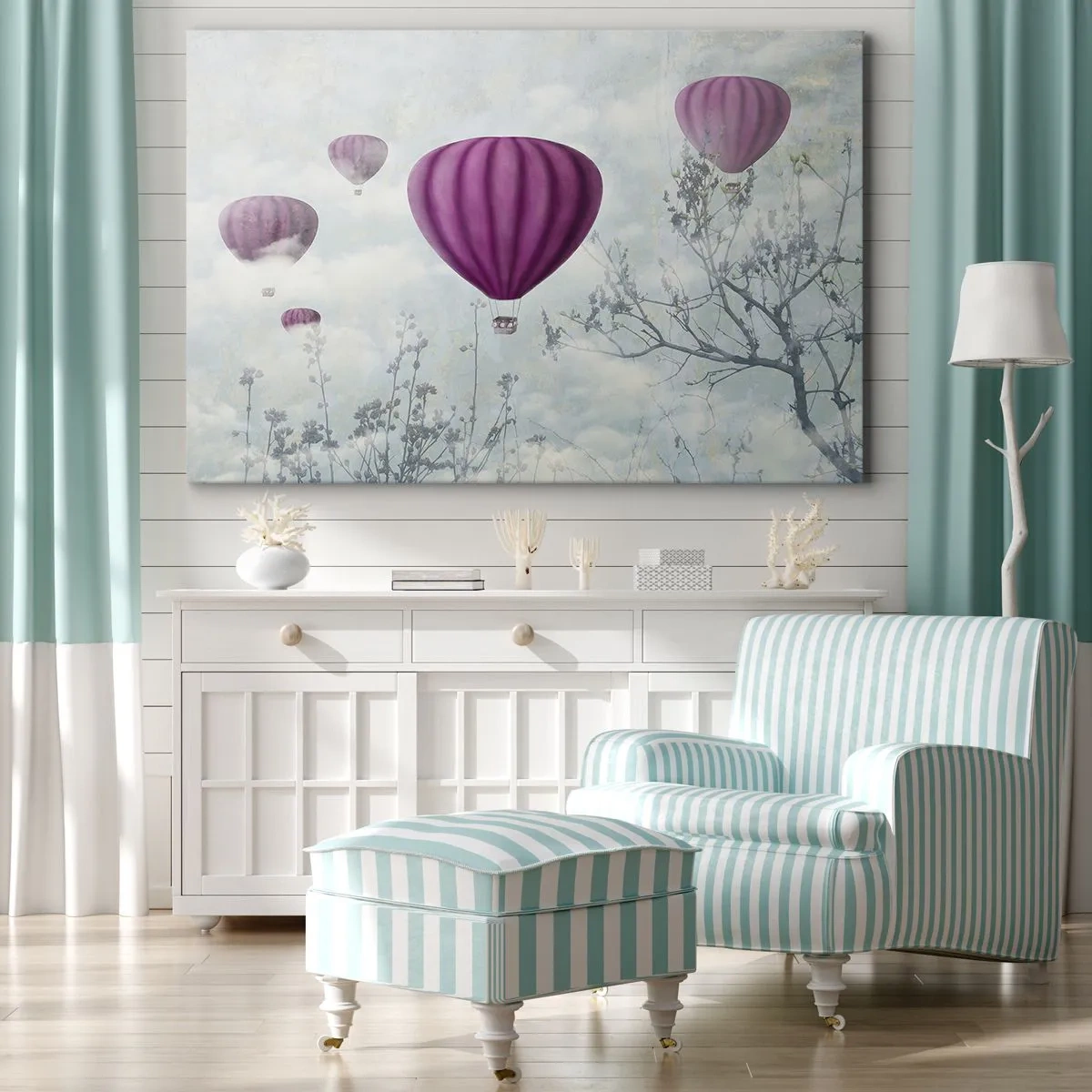 Lærredstryk - Billede på lærred - Lilla balloner svæver over træerne i skyerne - 70x50cm - Som skibe på himlen - Moderne vægdekoration til stue og soveværelse ARTTOR