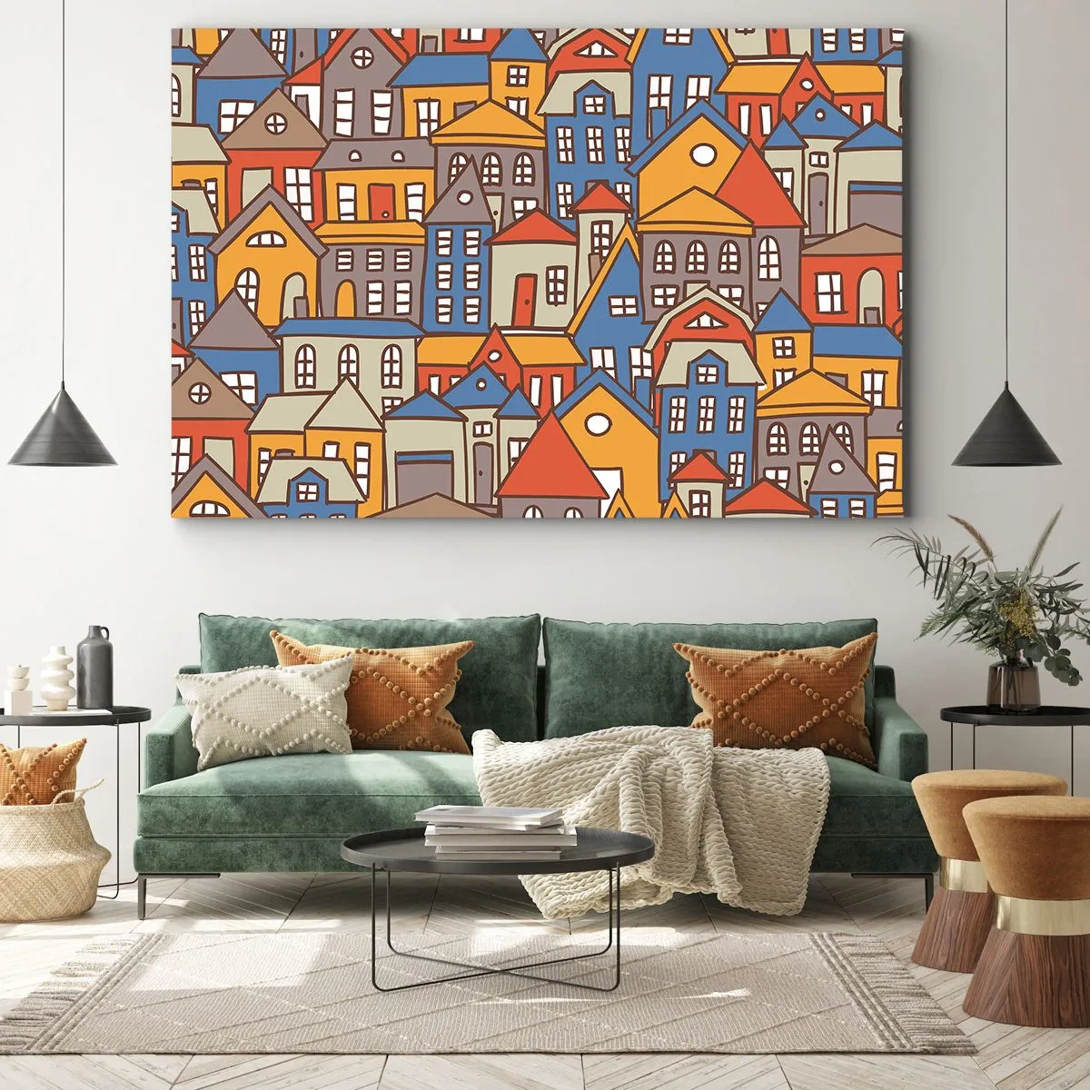 Lærredstryk - Billede på lærred - Farverige huse i grafisk stil på en lys baggrund - 70x50cm - Bag huset - Moderne vægdekoration til stue og soveværelse ARTTOR