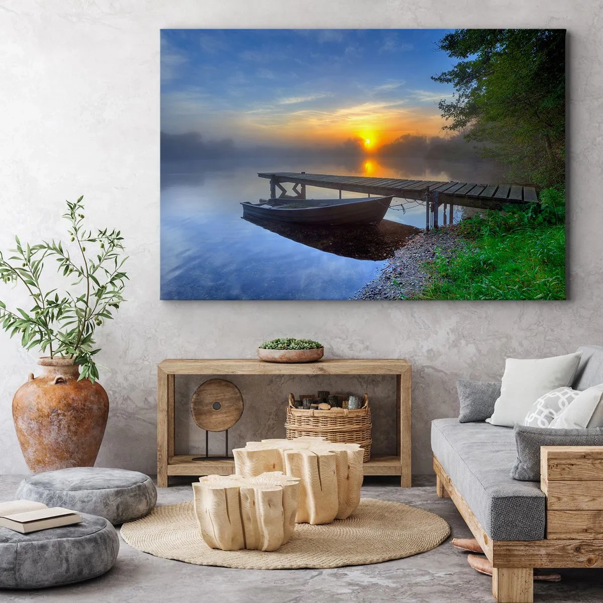 Lærredstryk - Billede på lærred - En anløbsbro ved søen ved solopgang med en båd ved kysten - 70x50cm - Hvordan det almindelige bliver til noget magisk - Moderne vægdekoration til stue og soveværelse ARTTOR