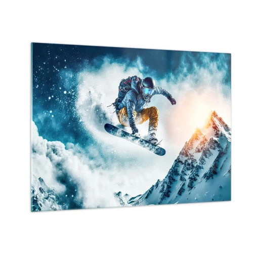 Billede på glas - En snowboarder flyver over snedækkede bjerge - 70x50cm - Ekstreme følelser - Moderne vægdekoration til stue og soveværelse ARTTOR