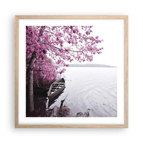 Plakat i ramme af lyst egetræ - I lyserød stilhed - 50x50 cm