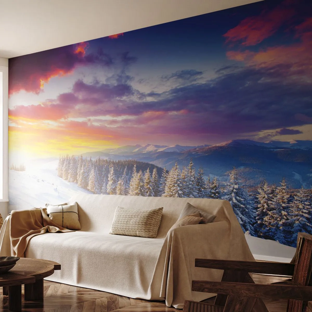 Fototapet Selvklæbende Deluxe Sticker - Ved højlys dag - Landskab, Bjerge, Vinter - 250x175 cm