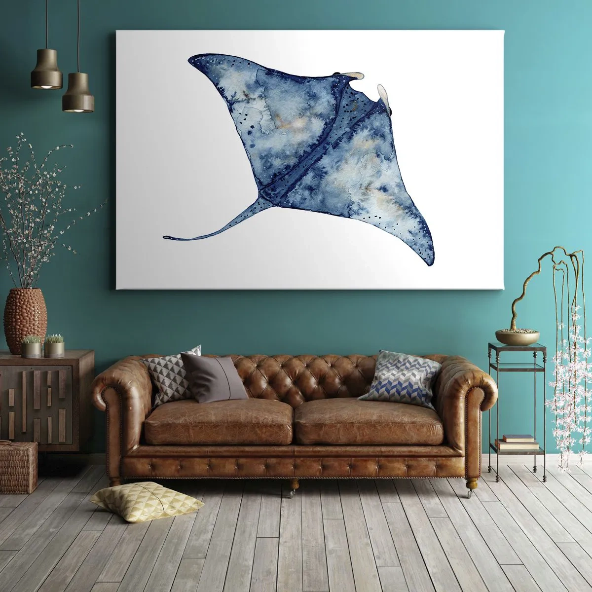Lærredstryk - Billede på lærred - Blå pilrokke i akvarelstil på hvid baggrund - 70x50cm - Liv i blåt - Moderne vægdekoration til stue og soveværelse ARTTOR