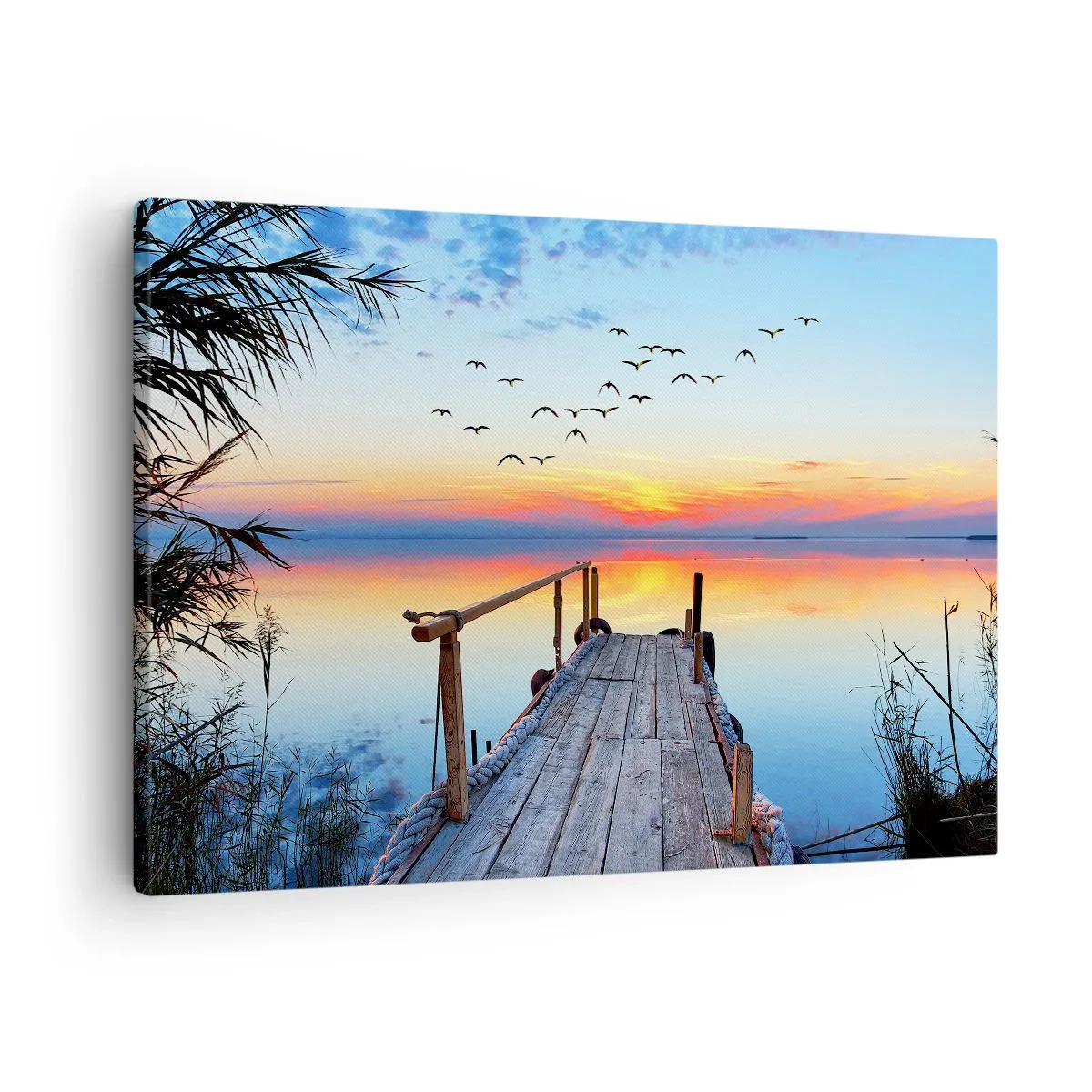 Lærredstryk - Billede på lærred - Træbro over søen ved solnedgang - 70x50cm - Tid til at tage tilbage... - Moderne vægdekoration til stue og soveværelse ARTTOR