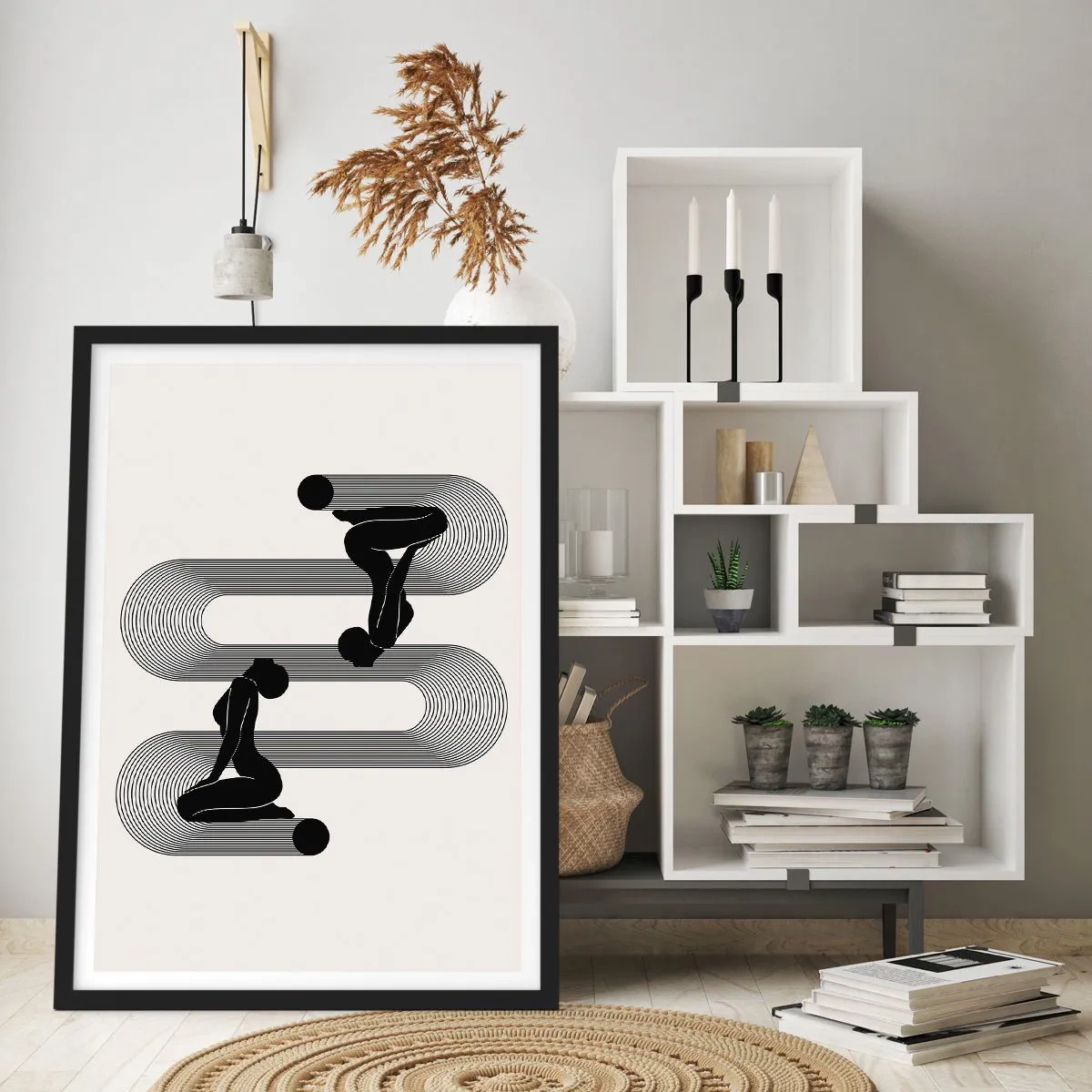 Plakat i sort ramme - Minimalistisk grafik af kvindelige silhuetter med en optisk illusionseffekt - 50x70cm - Sensuel symmetri - Moderne vægdekoration til stue og soveværelse ARTTOR