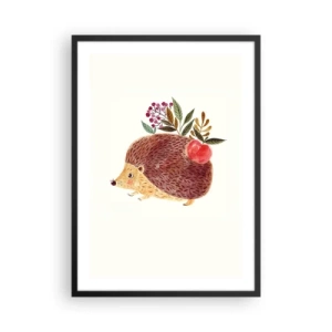 Plakat i sort ramme - Et sødt pindsvin med et æble og kviste på en lys baggrund - 50x70cm - Og du kan allerede lide mig - Moderne vægdekoration til stue og soveværelse ARTTOR