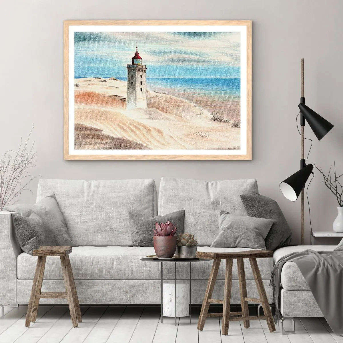 Plakat i ramme af lyst egetræ - Altid med blikket rettet mod havet - 100x70 cm